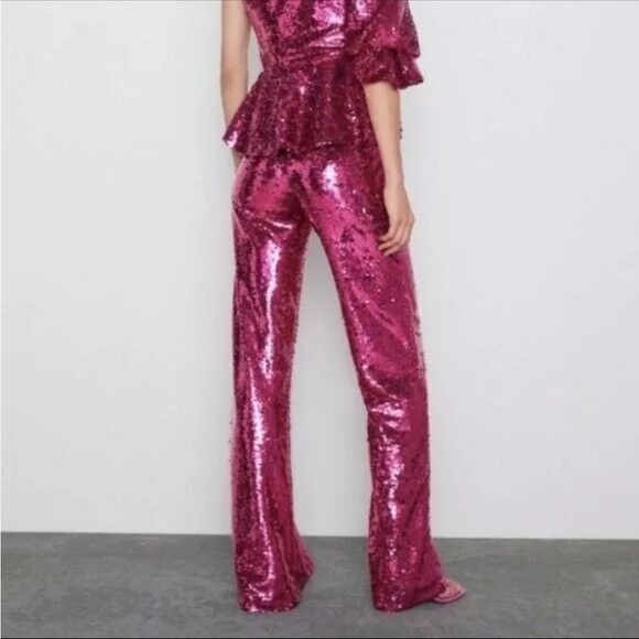 Zara Limited Edition Pink Sequined Trousers Small NWT Blogger Fav Holiday Party - Picture 6 of 13